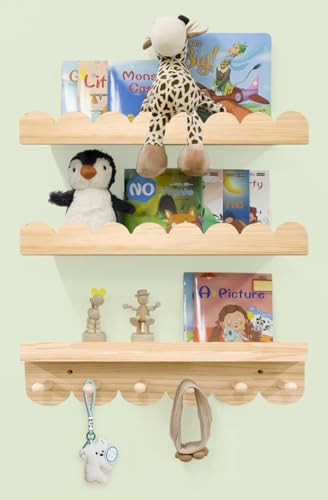 Nursery Shelves for Wall with Hooks-Scalloped Wall Book Shelves for Bedroom Kids Set of 3, Nursery Furniture Must Have, 16 Inch, Natural - color: Natural Wood, size: 16 Inches / Set of 3