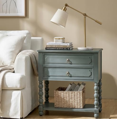 HULALA HOME Farmhouse End Table with Charging Station, 2PK Blue | Open Shelf Storage, Drawer Organization, Spindle Legs, Solid Wood Details - color: Blue