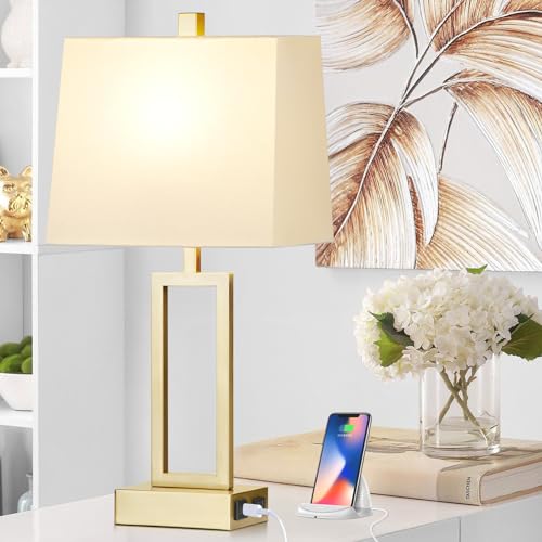 Rinweey 23.5" Touch Control Table Lamps Set of 2, Modern Gold Bedside Lamps with USB A+C Ports & AC Outlet, 3 Way Dimmable Contemporary Nightstand Lamps for Bedroom Living Room(2 LED Bulb Included) - color: Gold