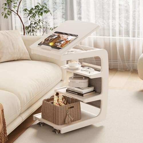 AQIMUELE Wooden C-Shaped End Table,Couch Desk with 2 Lockable Wheels,4-Tier Couch Table with Storage Bag,Small Rolling Side Table Tv Trays for Couch, Living Room,Bedroom (White) - color: White, size: 15.6"D x 15.7"W x 24.8"H, style: Modern 4 Tier