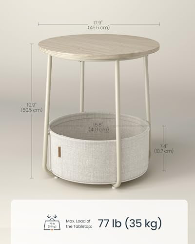 SONGMICS HOME Small Side Tables, Round End Tables, 2 Tier Nightstands with Basket, U Shaped Steel Legs, Easy Assembly, for Living Room, Bedroom, Set of 2, Beige and White - color: Beige + White, size: 2 pack