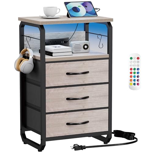 runjuly Bed Side Table with 3 Fabric Drawers, Night Stand with Charging Station, LED Nightstand with Hooks, Bedside Table End Tables with Storage, Night Tables for Bedroom (Beige) - color: Greige, style: 3 Drawers