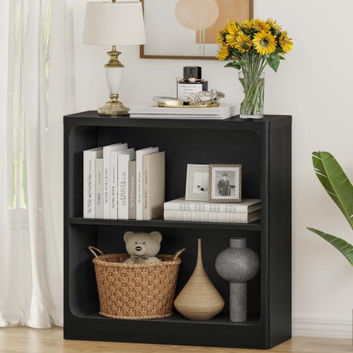 FATORRI 2-Tier Wooden Bookshelf, Small Open Bookcase with Rounded Corners, Floor Standing Display Storage Book Shelf for Living Room, Bedroom, Home Office (Black) - color: Black, size: Without Drawer