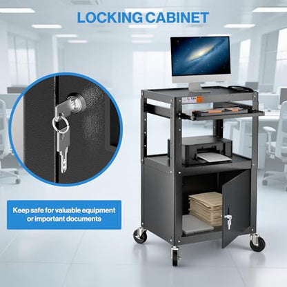 POCHAR Steel Large AV Cart with Locking Cabinet - Adjustable Height Media Carts with Wheels, Pullout Tray, Power Strip for Mobile Work Station - Rolling Computer Cart for Office Classroom Presentation - style: Locking Cabinet with Keyboard Tray (AV-G)