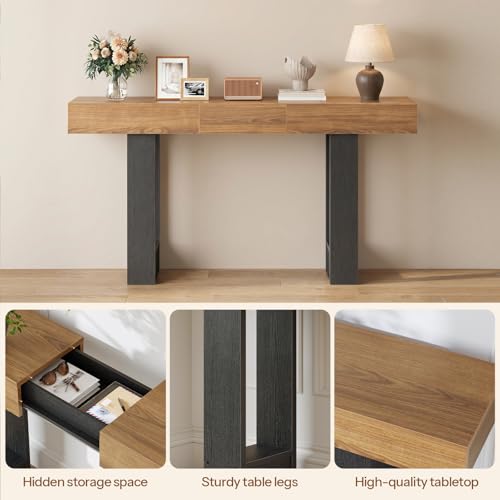 HOOBRO 63 Inch Console Table, Entryway Table with Expandable Tabletop, Long Sofa Table Behind Couch Table for Living Room, Hallway, Foyer, Black and Walnut BH176XG01