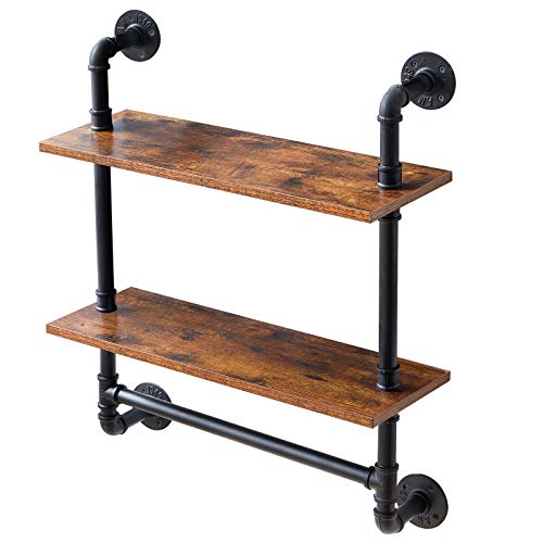 IBUYKE 2-Tiers Industrial Pipe Shelves with Towel Bar RF-TM014 | Rustic Wall Mount Bookcase,Metal Bracket Storage Wall Shelf for Bedroom, Kitchen - size: 2 Tier with Tower Bar