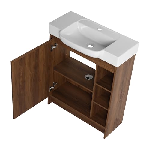 28" Freestanding Bathroom Vanity with Sink, 28 Inch Floor Stand Vanity for Small Bathrooms, Soft-Close Door Cabinet with White Ceramic Basin & Waterproof Plywood, Brown