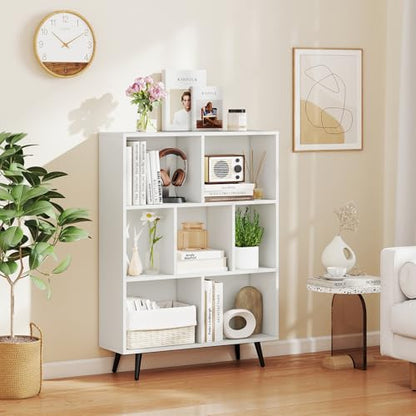 Giantex 7-Cube Bookcase, 3-Tier Modern Bookshelf with 4 Metal Legs, 31.5" Freestanding Open Storage Organizer with 2 Anti-tip Devices, Mid-Century Display Rack for Living Room (31.5" x 9.5" x 42") - size: 31.5" x 9.5" x 42"