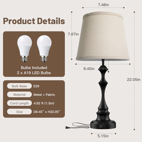 EppieBasic 22" Farmhouse Bedside Table Lamps Set of 2 with 3-Way Dimmable | with USB-C+A Charging Ports, Rustic Pull Chain Switch, Beige Linen Shade, for Bedroom, Living Room, Nightstand - style: XT-01