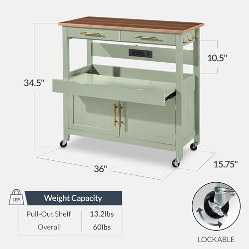 Best Choice Products 36in Large Rolling Kitchen Island Cart, 2-Door Cabinet, 2 Drawers, Pull-Out Shelf, Power Outlet, Hooks, & Swivel Lockable Wheels - Pistachio Green - style: Pistachio Green