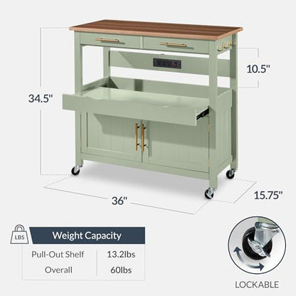 Best Choice Products 36in Large Rolling Kitchen Island Cart, 2-Door Cabinet, 2 Drawers, Pull-Out Shelf, Power Outlet, Hooks, & Swivel Lockable Wheels - Pistachio Green - style: Pistachio Green