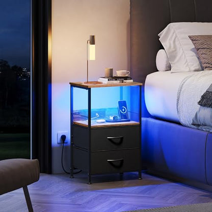 WLIVE Nightstand with Charging Station, LED Night Stand with 2 Fabric Drawers and Open Shelf, Small Dresser for Small Spaces, Side End Tables for Bedroom, Rustic Brown and Black - color: Black and Rustic Brown