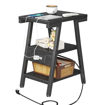 Side Table with Charging Station,3-Tier Small End Table,Lucky 7 Metal Shape | 2 AC Outlets + 2 USB Ports, Adjustable Feet, Nightstand for Bedroom, Living Room, Couch, Narrow Spaces, Black - color: Black