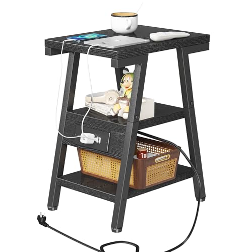Side Table with Charging Station,3-Tier Small End Table,Lucky 7 Metal Shape | 2 AC Outlets + 2 USB Ports, Adjustable Feet, Nightstand for Bedroom, Living Room, Couch, Narrow Spaces, Black - color: Black