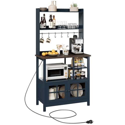 ChooChoo Farmhouse Coffee Bar Cabinet with Storage, Bakers Rack with Power Outlets, Microwave Stand Kitchen Cabinet with Hutch and 6 Hooks, Blue - color: Blue