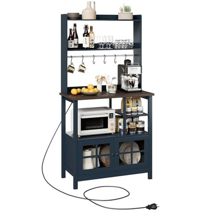 ChooChoo Farmhouse Coffee Bar Cabinet with Storage, Bakers Rack with Power Outlets, Microwave Stand Kitchen Cabinet with Hutch and 6 Hooks, Blue - color: Blue