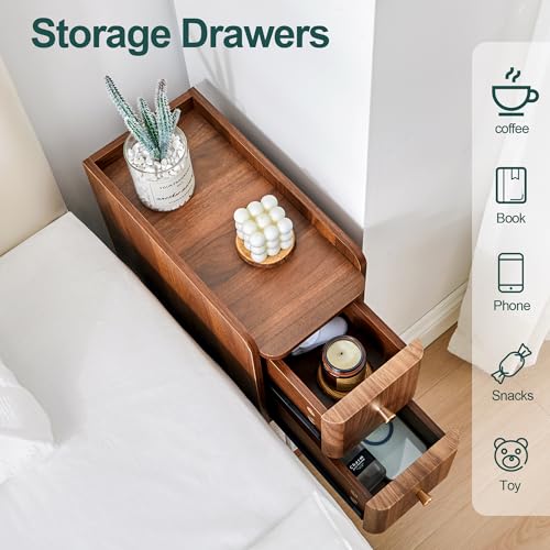 Narrow Nightstand Set of 2, Wooden Small 2 Drawer Nightstand, Slim Side End Table, Skinny Bedside Table, Mid Century Modern Night Stand with Drawers, for Living Room (Walnut 2-2 pcs) - color: Walnut 2-2 Pcs