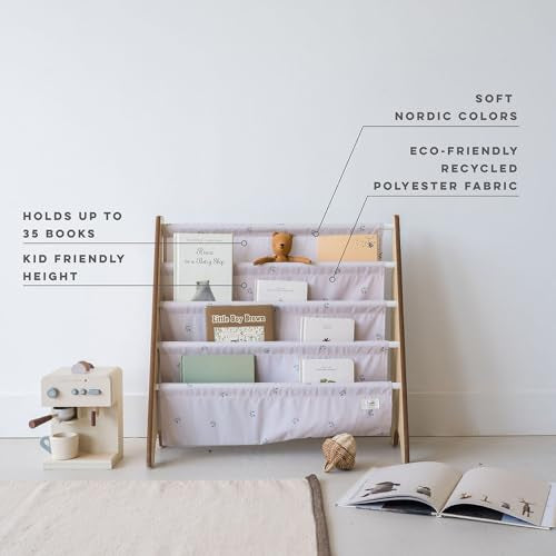 3 Sprouts Recycled Kids Bookshelf, Holds 35 Books, 4-Tier, Blueberry Taupe | Space-saving bookshelf, Children's room, Toddler bookcase organizer, Ages 3+, Book/toy storage, Front-facing, Covers visible - color: Blueberry Taupe