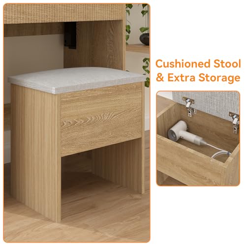 YOURLITE 24" Fluted Makeup Vanity Desk with LED Mirror and Stool | Small Vanity Table Set, 3 Lighting Modes, Charging Station, Hairdryer Holder, Cushioned Stool - size: 27.5", style: Wooden