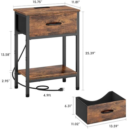 Vagusicc Nightstand with Charging Station, End Table with Fabric Drawer, Small Side Table with 2-Tier Storage Shelves, 25.4" Tall Bedside Table, Night Stand for Bedroom Living Room Dorm, Rustic Brown - color: Rustic Brown (1 Pack)