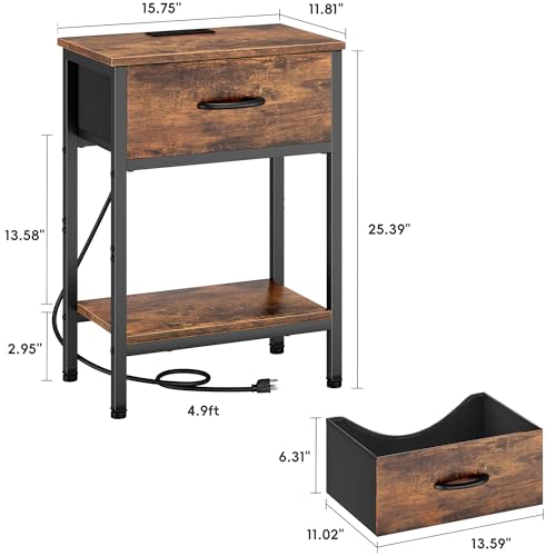 Vagusicc Nightstand Set of 2 with Charging Station, Bed Side Table with Fabric Drawer, Small End Table with 2-Tier Storage Shelves, 25.4" Tall Bedside Table, Night Stand for Bedroom Dorm, Rustic Brown - color: Rustic Brown (2 Pack)