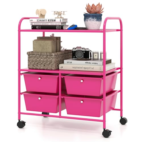 Moccha Rolling Storage Cart with 4 Drawers - Storage Drawers Organizer with wheels for Craft Art Supply Paper Salon, Scrapbook Paper Tools, Movable Utility Cart for Classroom School Studio, Hot Pink - color: Hot Pink, style: 4 Drawers