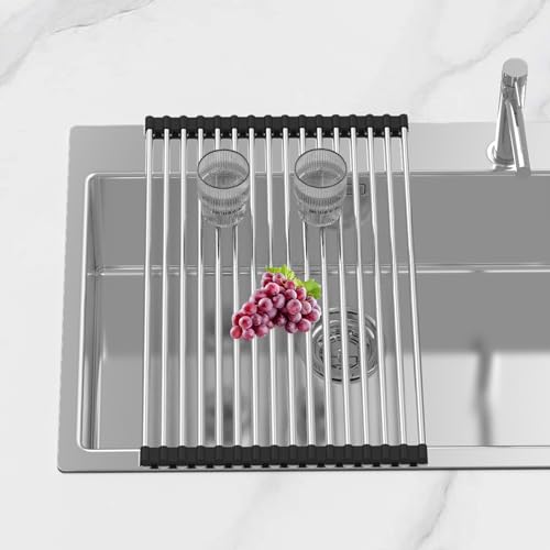 Extra Large Expandable Roll Up Dish Drying Rack,Over The Sink Drying Rack Sink Cover Kitchen Sink Accessories Kitchen Rolling up Stainless Steel Drainer, Foldable,Rollable（Black，22.8''-12.4''） - color: Black, style: 16 tubes，expandable