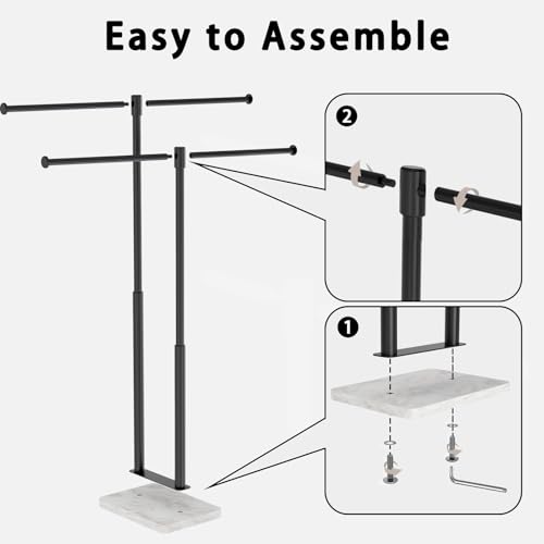 Free Standing Towel Racks Matte Black 2-Tier Towel Holder for Bathroom Floor Stand with Heavy Marble Base Thicken Steady Design Stainless Steel