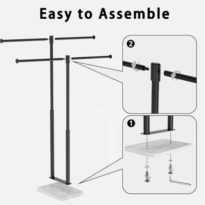 Free Standing Towel Racks Matte Black 2-Tier Towel Holder for Bathroom Floor Stand with Heavy Marble Base Thicken Steady Design Stainless Steel