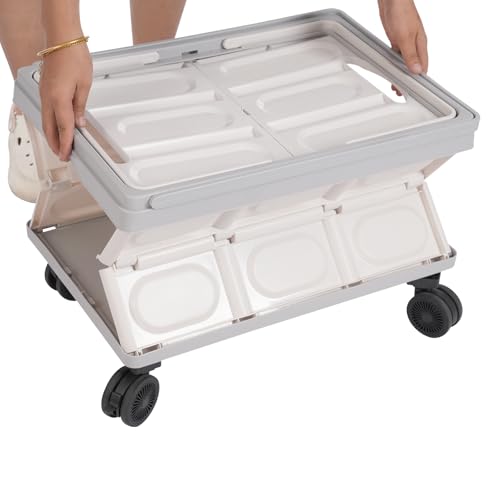 Foldable Rolling Cart, 55L Portable Organizer C-Art with 4 Wheels, 20.5x14.2x11.4in Freestanding Foldable Organizer Rolling Cart with Handles, Practical Top Cover, Grooves (Grey) - color: Gray