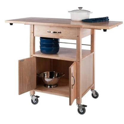 Pemberly Row Solid Wood Butcher Block Kitchen Cart, Natural Finish, Drop Leaf Countertops, Storage Cabinet with Drawer and Shelf, 43.27" W x 20.16" D x 33.27" H, Transitional Style for Kitchen Use