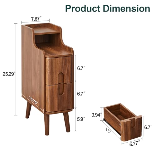 Narrow Nightstand Set of 2, Wood 2 Drawer Small Nightstand, Slim Side Table, Modern Skinny End Bedside Table, Natural Wood Night Stand with Drawers for Bedroom (Walnut-2 pcs) - color: Walnut-2 Pcs