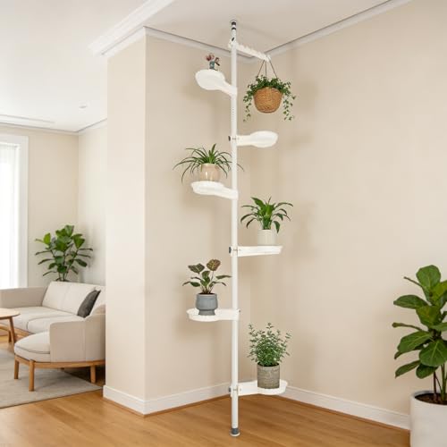 Multi-Tier Indoor Plant Stands, Adjustable Space Saver Corner Floral Pot with Hanging Rack Metal Flower Display Rack Vertical Plant Stand Indoor Plants Shelf for Balcony Bedroom Living Room