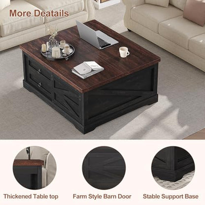 Itaar 39.4'' Lift Top Coffee Table with Storage, Farmhouse Coffee Tables for Living Room, Square Coffee Table with Large Hidden Compartment & 2 Drawers & Adjustable Shelves, Black+Walnut - color: Black+walnut
