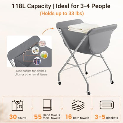 ELYKEN Laundry Cart with Wheels, 33”H Easy Rolling Laundry Hamper with Removable Liner Bag, Sturdy Metal Frame Clothes Basket with 4 Casters and 2 Brakes - color: Gray, size: 25.6"L x 22"W x 33"H