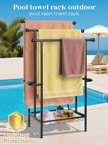 Freestanding Towel Rack for Bathroom, Pool & Outdoor, 3-Tier 39" Metal | Rust-resistant metal towel drying rack with storage basket, designed for oversized towels 24.4" L x 13" W x 39" H - size: 24.4"L x 13"W x 39"H