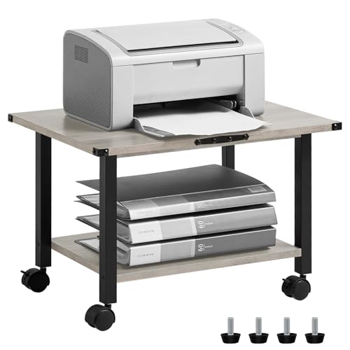 Lerliuo Under Desk Printer Stand, 2-Tier Industrial Rolling Printer Table | Oak Small Mobile Printer Cart Desk for Home Office, Lockable Wheels, Open Storage Shelf, Metal frame - color: Oak, size: 2-Tier