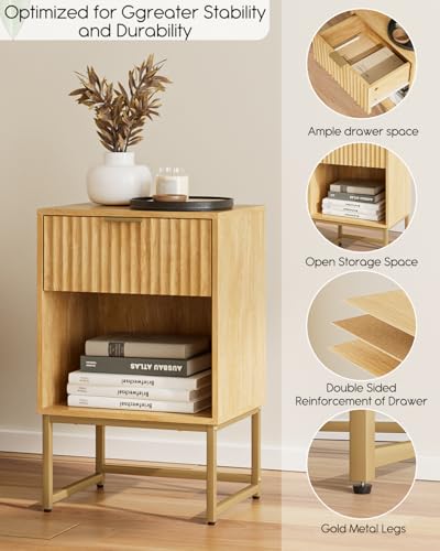 Masupu Fluted Nightstand,Modern Night Stand Wood Bedside Table with Storage Drawer Side End Table for Bedroom,Office,Oak - color: Flutted-oak