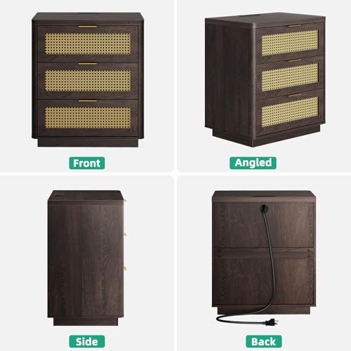 Kalrin Rattan Nightstand, Bedside Table - Larger Night Stand with Charging Station, 3 Drawers Storage, Boho Night Stands End Table for Bedroom Office - Deep Brown - color: Deep Brown