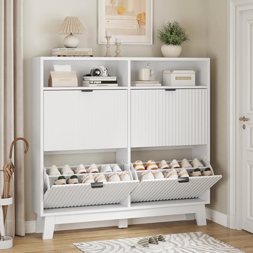 Xixini Shoe Cabinet with 4 Flip Drawers, 46" Tall Narrow Fluted Shoe Storage Organizer for Entryway, Hidden Slim Wooden Shoe Rack Cabinet for Front Door Entrance, Hallway, Living Room, Solid White - color: Solid White, size: 4 Flip Drawers