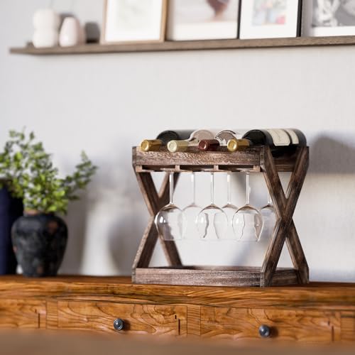 Rustic State Cava Countertop Solid Wood Wine Rack for 4 Bottles and 6 Stemware Glass Holder Cork Storage Tabletop Tray Freestanding Organizer - Home, Kitchen, Dining Room Bar Décor - Walnut