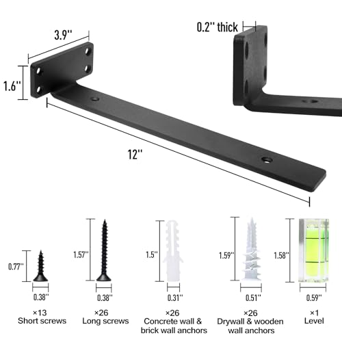 HITOMEN Heavy Duty Floating Shelf Brackets, 12-Inch (1/5'' Thick) Hidden Shelves Hardware, Cast Iron L Brackets, Rustic Industrial Black Metal Wall Shelving Supports, 6 Pack - size: 12 Inch, style: 6 Pack