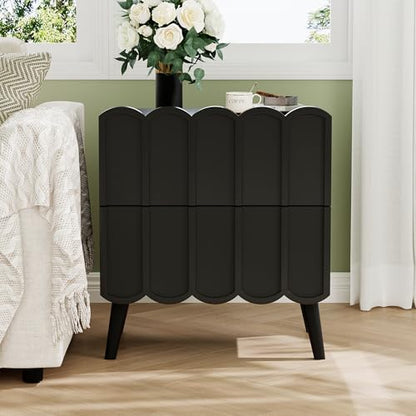 Modern Fluted Nightstand for Bedroom, Black Wood Bedside Table | End Side Table with Arch Curved Design, Night Stand with 2 Drawer - color: Black, size: 1 Pack