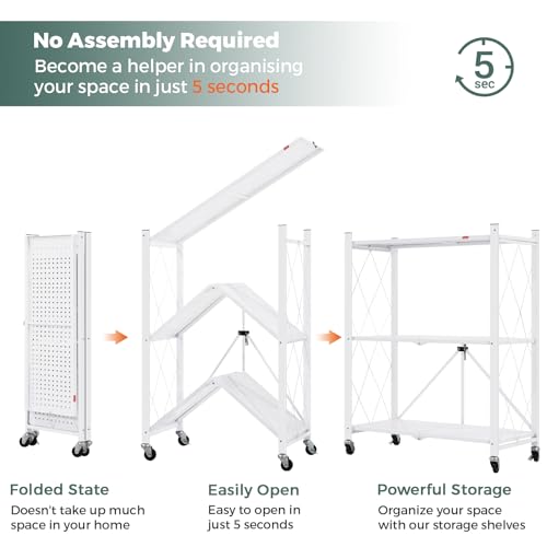 DEANIC 3 Tier Foldable Storage Shelves with Wheels, Large Capacity Shelving Unit, Freestanding Metal Wire Shelf Rack, No Assembly Organizer Rack for Garage Kitchen, Basement, Pantry(White Pack of 2) - color: White