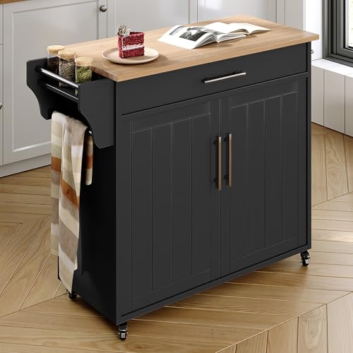 Kitchen Island with Storage, Wooden Countertop Rolling Kitchen Island On Wheels Storage Cabinet, Mobile Kitchen Island Cart with Towel Rack, Spice Rack and Drawers,Black - color: Black