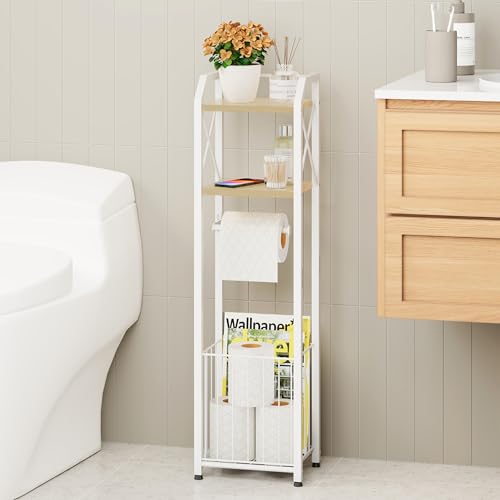 HapiRm Freestanding Toilet Paper Holder - 4-Tier Bathroom Tissue Organizer with Wood Shelves and Large Basket, Toilet Paper Holder Stand for Bathroom, Laundry Room, Apartment - White（Small） - color: White, size: Small