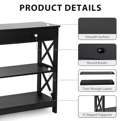 Nouva Narrow Console Accent Table w/Storage Shelf, 3-Tier 40 Inch Entryway Sofa Table End Table Display Shelf w/Drawer for Living Room Hallway Entryway Foyer,Black
