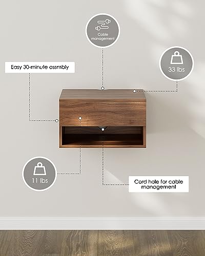 Floating Nightstand, Small Modern Floating Nightstand with Drawer, Floating Shelves for Bedroom, Bathroom (Brown Walnut) - color: Brown Walnut