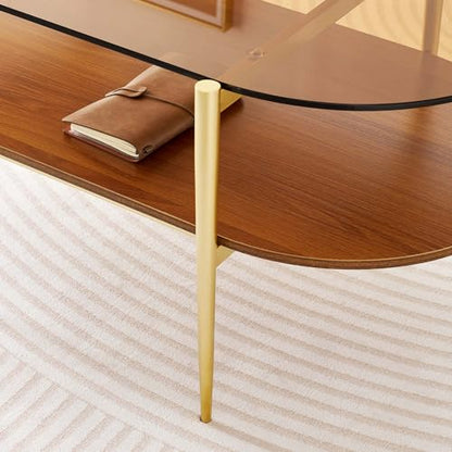 LumFurn Oval Glass Coffee Table, Mid-Century Modern Design, L41 x W21 x H17 inch, for Living Room, 2-Tier Structure, Amber Glass Top and Walnut Finish Wood Shelf, Conical Legs with Gold Finish Frame - color: Amber & Walnut, size: L41" Oval Coffee Table