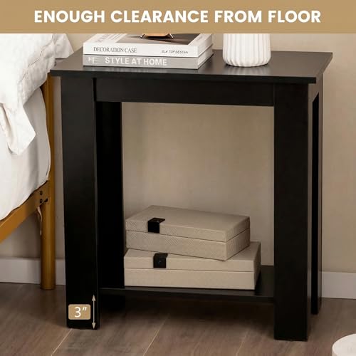 Giantex Narrow End Table Set of 2, 2-Tier Side Table with Open Storage Shelf, Retro Wood Sofa Table Bedside Tables for Small Spaces, Slim Nightstand for Living Room, Bedroom, Easy Assembly, Black - color: Black